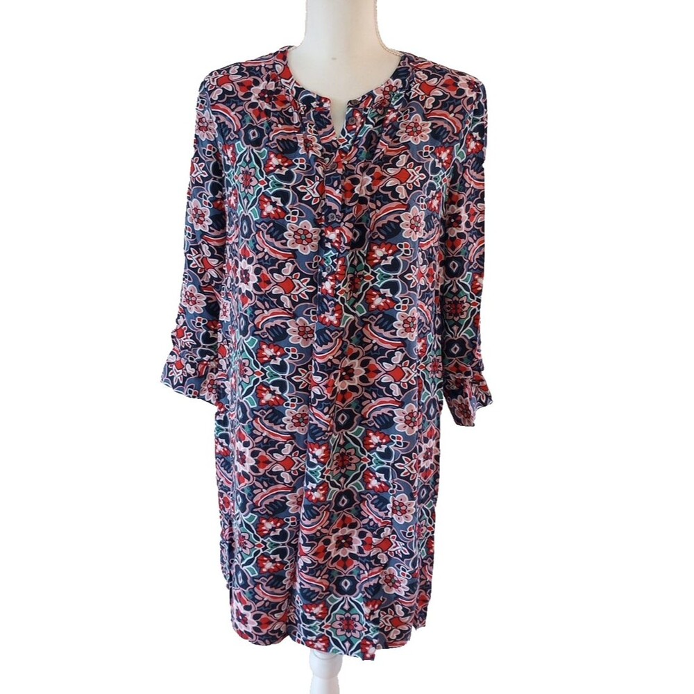 Ann Taylor LOFT Popover Tunic Dress Size Large Blue Pink Floral 3/4 Sleeve Boho